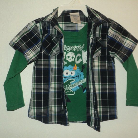 Toughskins Boys Size 3T Monsters Rock Layered Look Long Sleeved Shirt Plaid - Picture 3 of 6